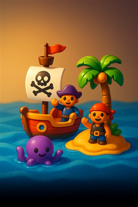 A toy pirate ship and island